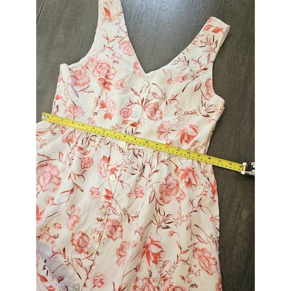 Cynthia Rowley Red Pink Floral Linen Dress Button Down V Neck Sleeveless Size 6 - Picture 5 of 8